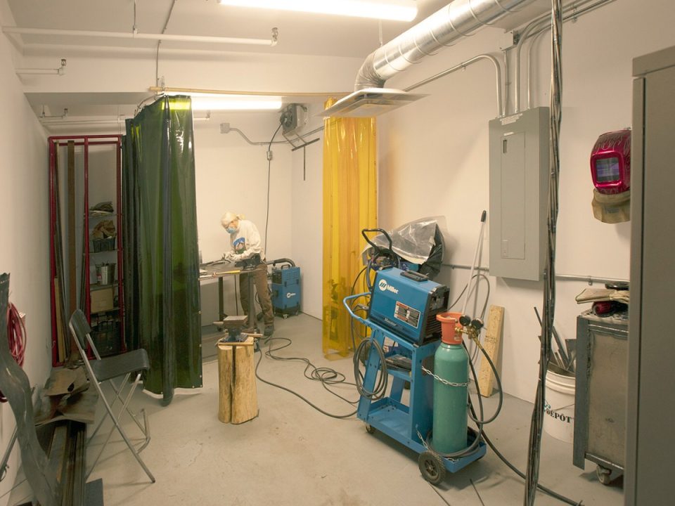 Studio interior with artworks